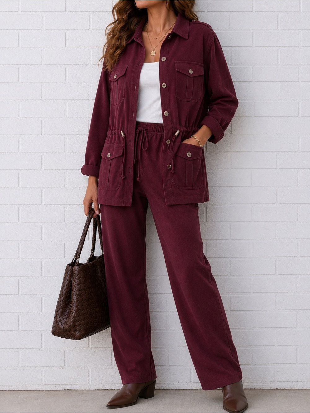 Y2K Denim & Co Wine Burgundy Utility Pant Set Small Polyester Stretch QVC